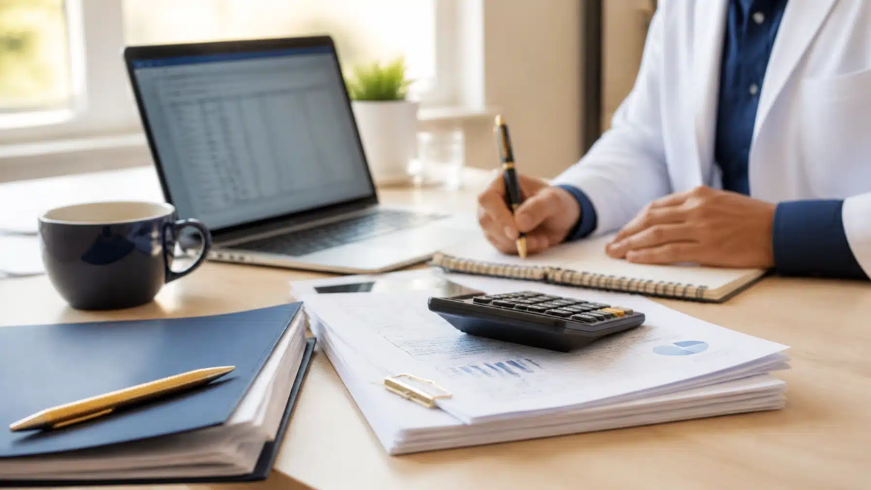 Three Approaches To A Medical Practice Valuation A calculator and financial reports on a desk beside a stethoscope